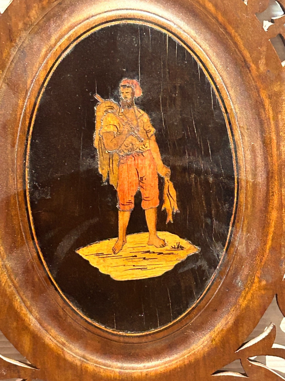 Antique Victorian Fretwork Wall Shelf with Painted Figure c.1890s