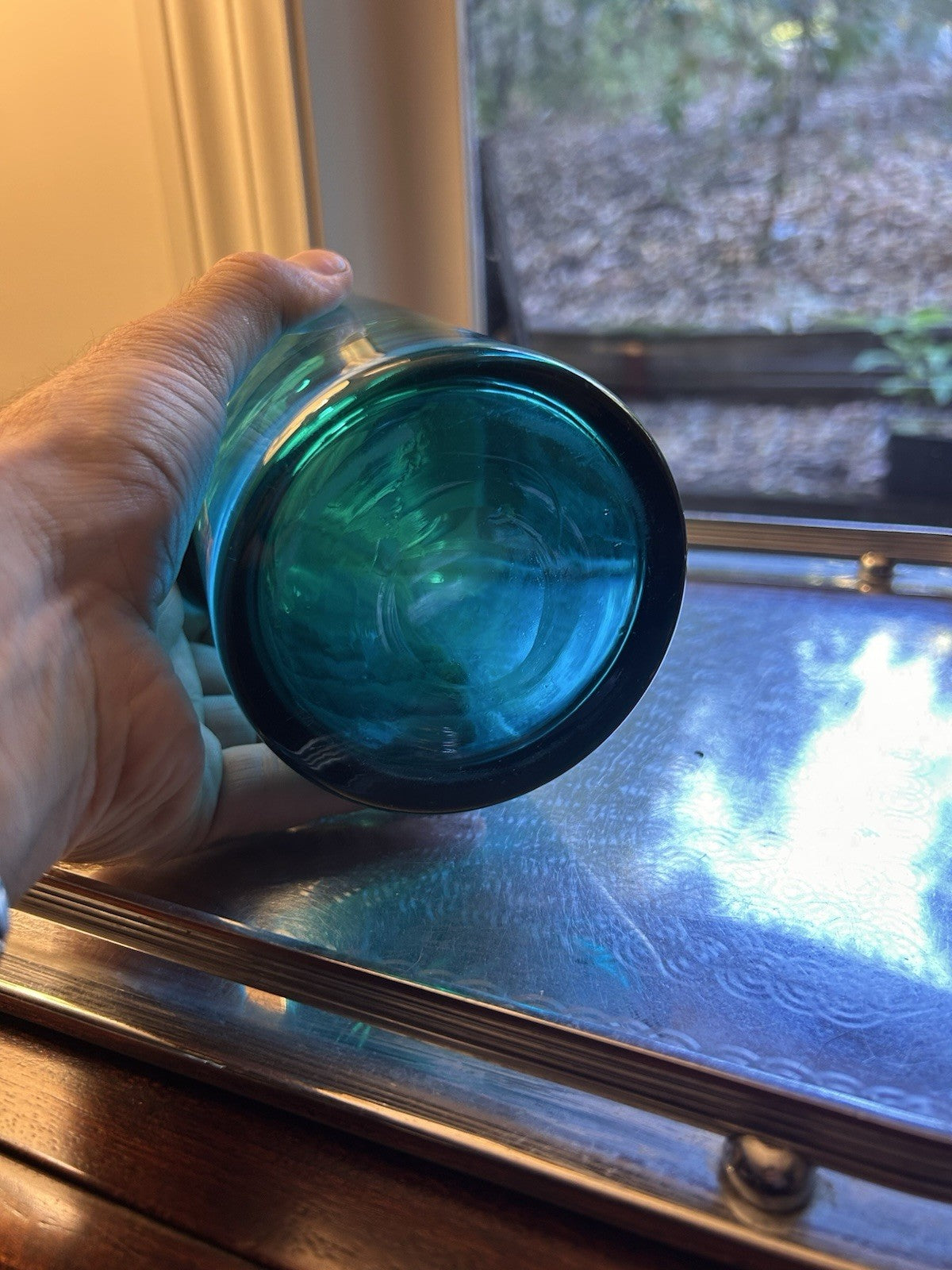 Vintage Scandinavian Teal Art Glass Pitcher 27cm Mid Century c1970 