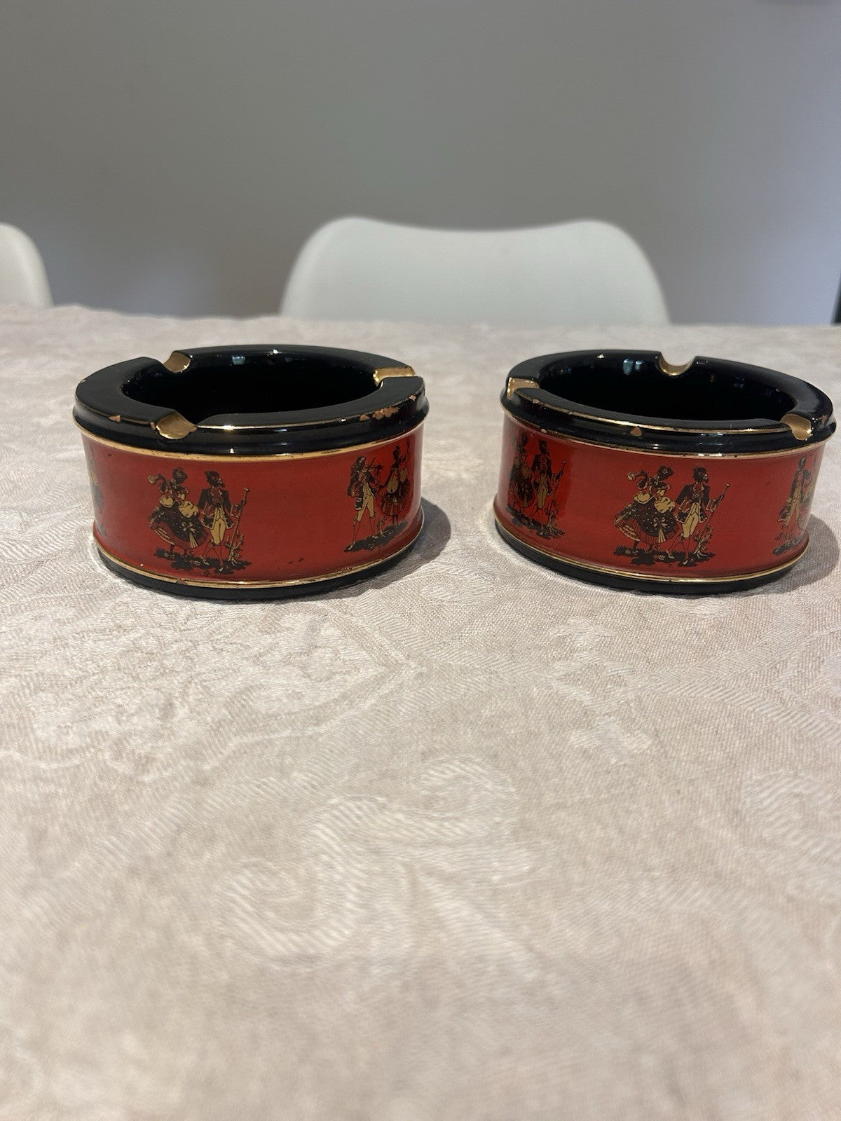Vintage Italian Ceramiche Fiorentine Ashtrays Pair Red Black Gold c1950s 