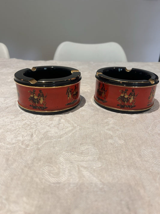 Vintage Italian Ceramiche Fiorentine Ashtrays Pair Red Black Gold c1950s 