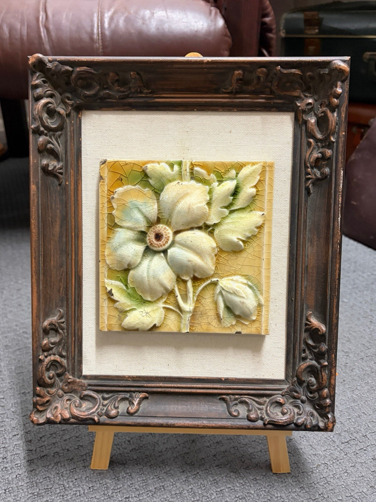 Vintage Art Nouveau Floral Majolica Relief Tile Framed Wall Art No Gold 31cm