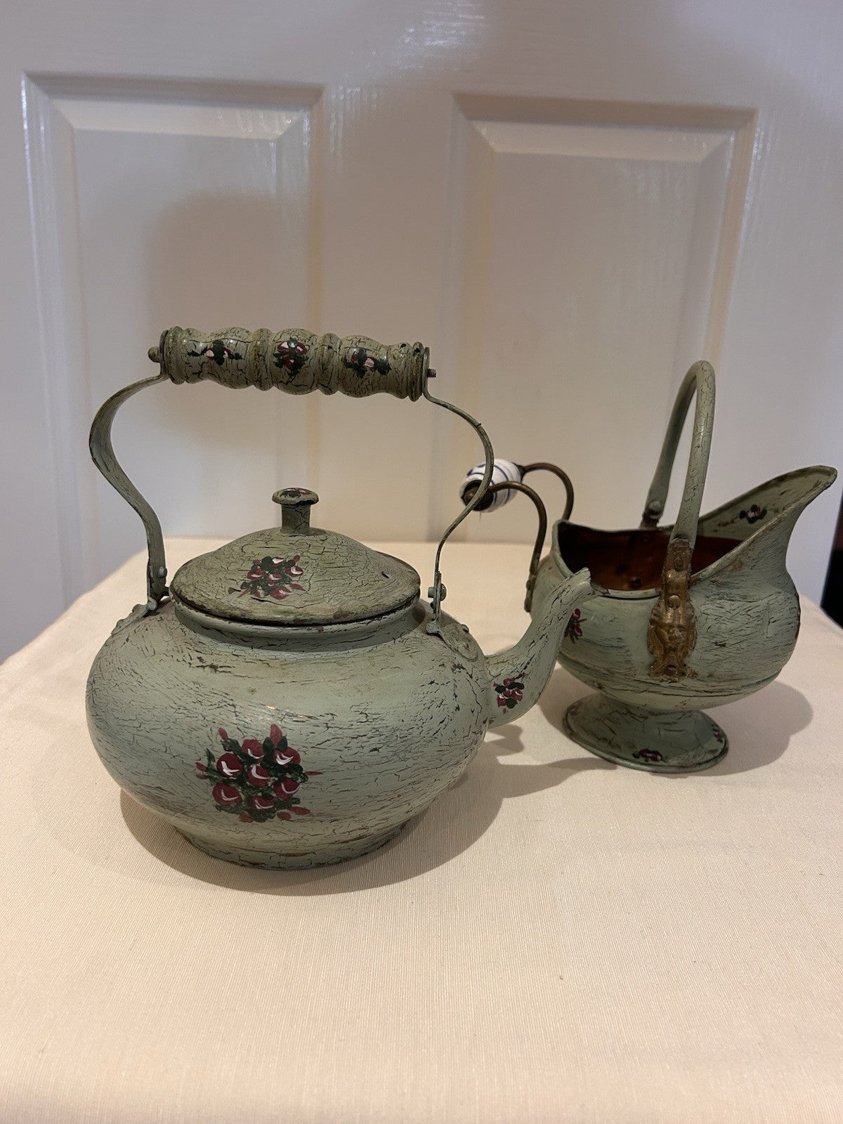 Vintage Hand-Painted Toleware Teapot & Coal Scuttle Set – Green Floral Metal