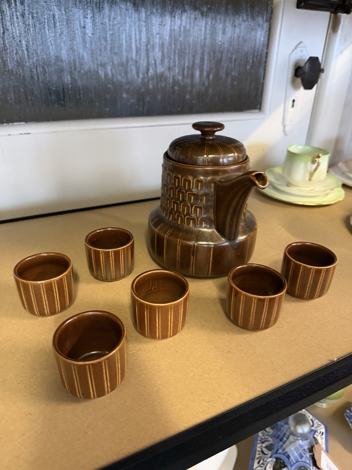Wedgwood Pennine Espresso Set Pot & 6 Cups Brown Stoneware England c1970s