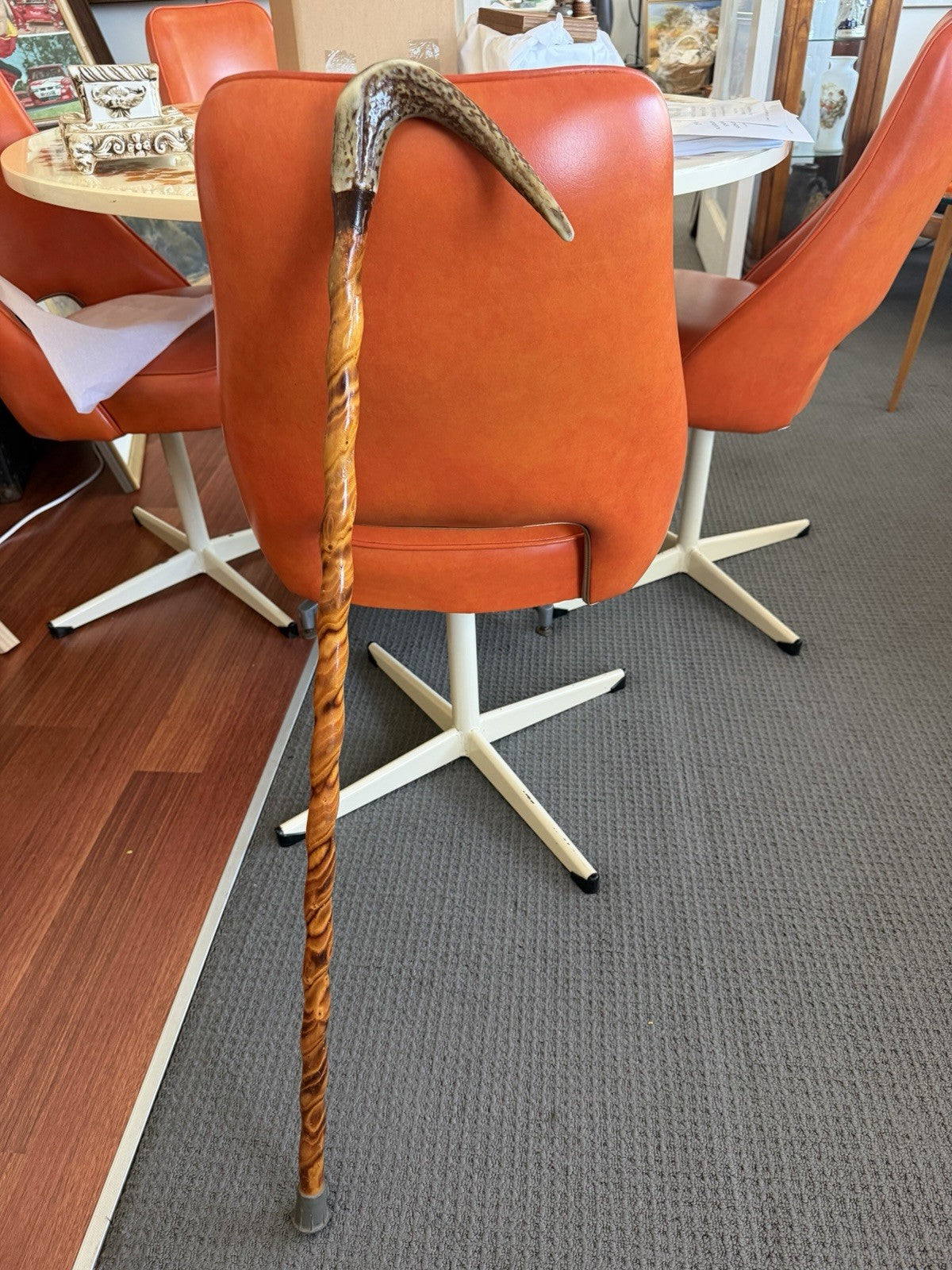 Vintage Antler Handle Walking Stick Cane Abalone Inlay Carved Timber 95cm