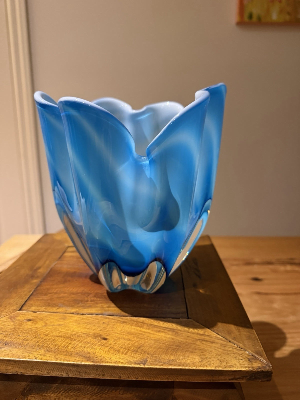 Czech Chribska Blue Cased Art Glass Vase Mid Century 19cm Organic Form