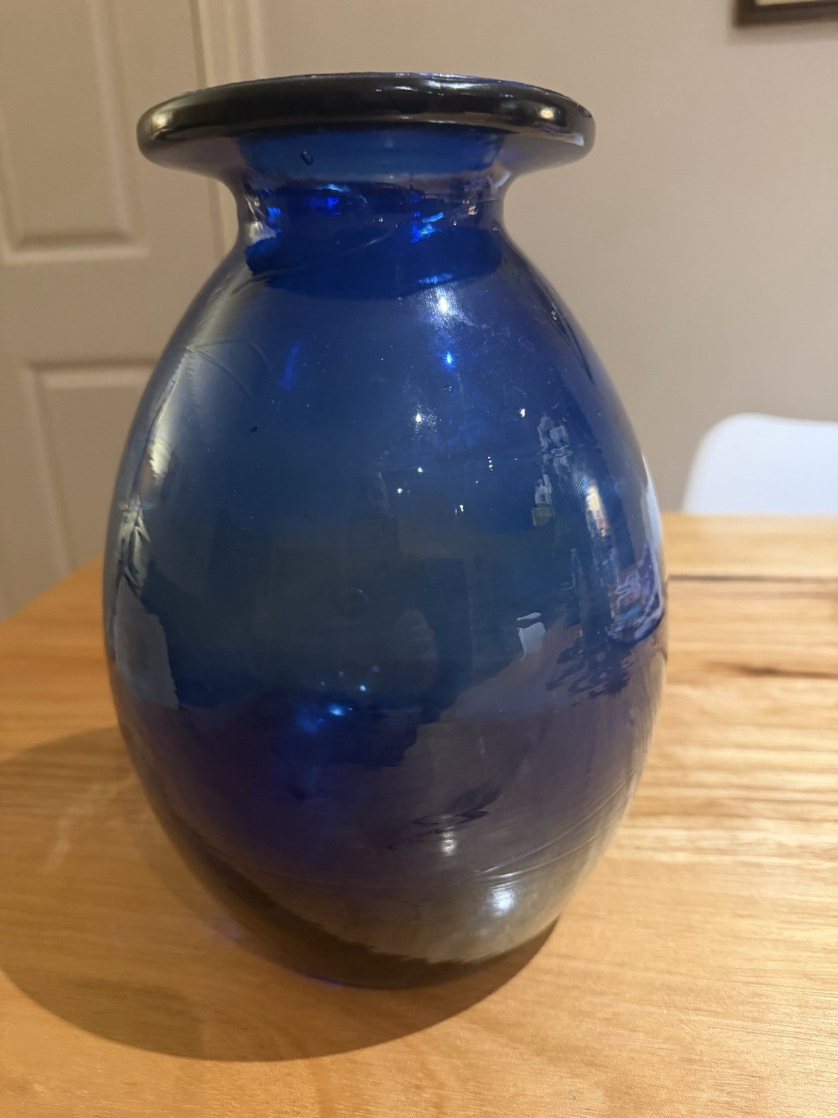 Vintage Cobalt Blue Hand Blown Art Glass Vase Heavy 2.54kg 25cm Rolled Rim