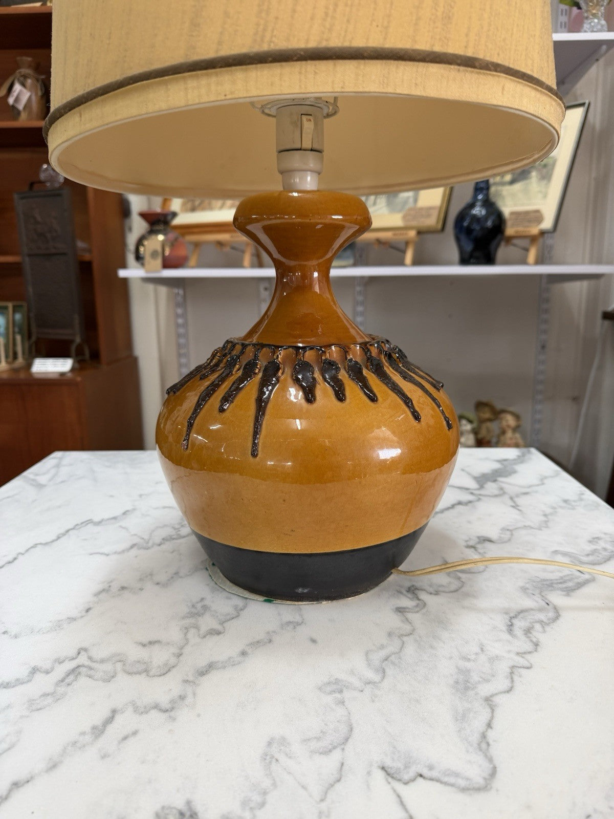 Vintage Large 1970s Ceramic Table Lamp Amber Drip Glaze 87cm Tagged Tested