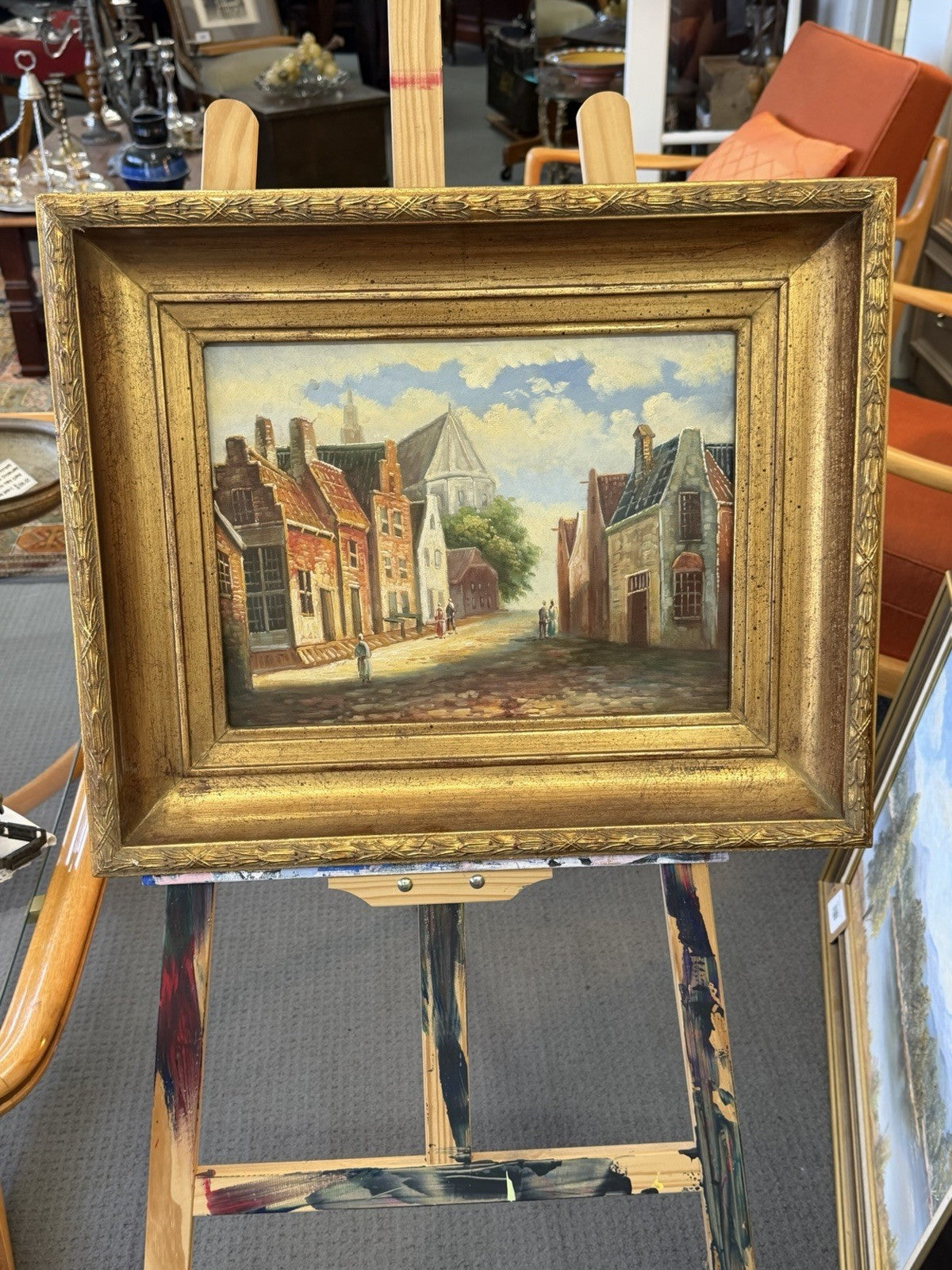 Vintage Dutch Flemish Street Scene Original Oil on Canvas Gilt Frame 59cm