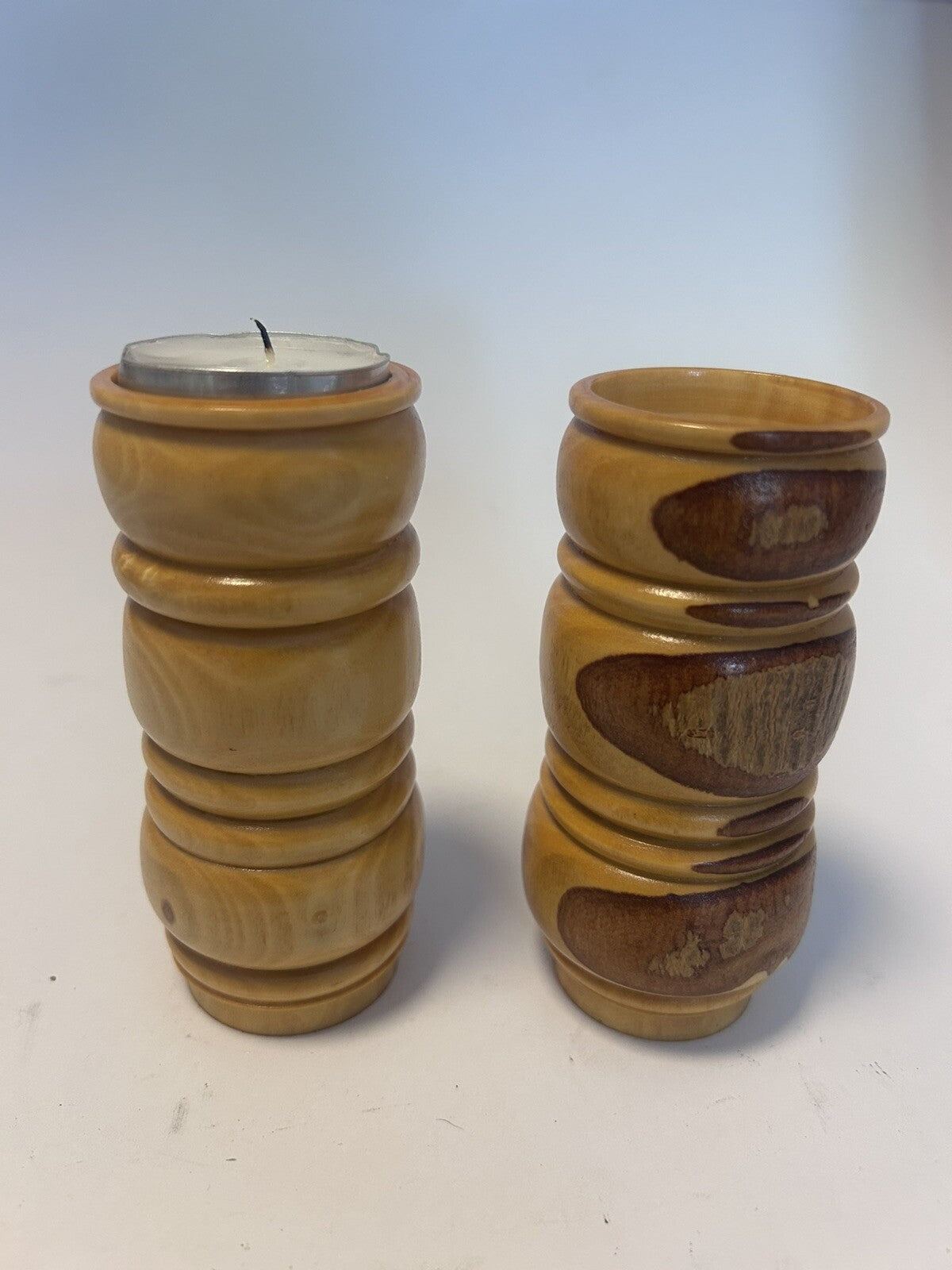 Vintage Hand-Turned Wooden Tealight Candle Holders – Pair Rustic Timber