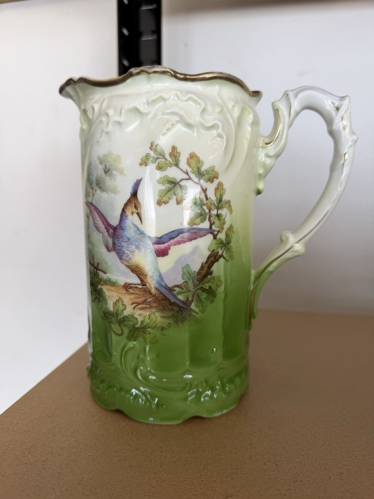 Antique Victorian Green & Cream Porcelain Water Jug Pitcher Bird Transfer Gilt