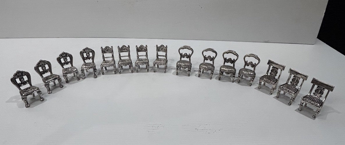 Miniature Pewter Chairs Set of 15 Vintage Dollhouse Furniture China Made