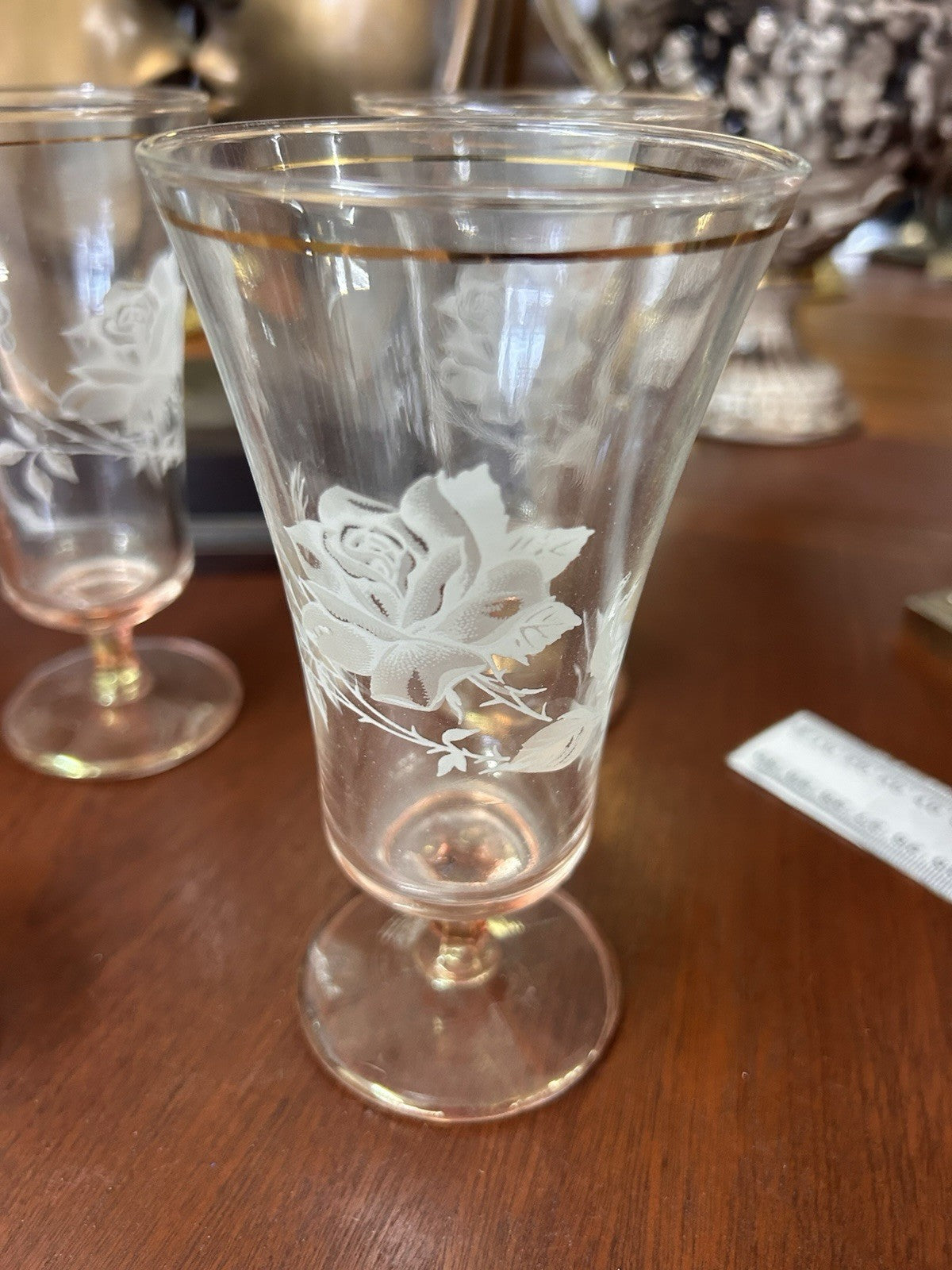 Vintage Etched Rose Glass Goblets Set of 5 Gold Rim Blush Pink Stemware 