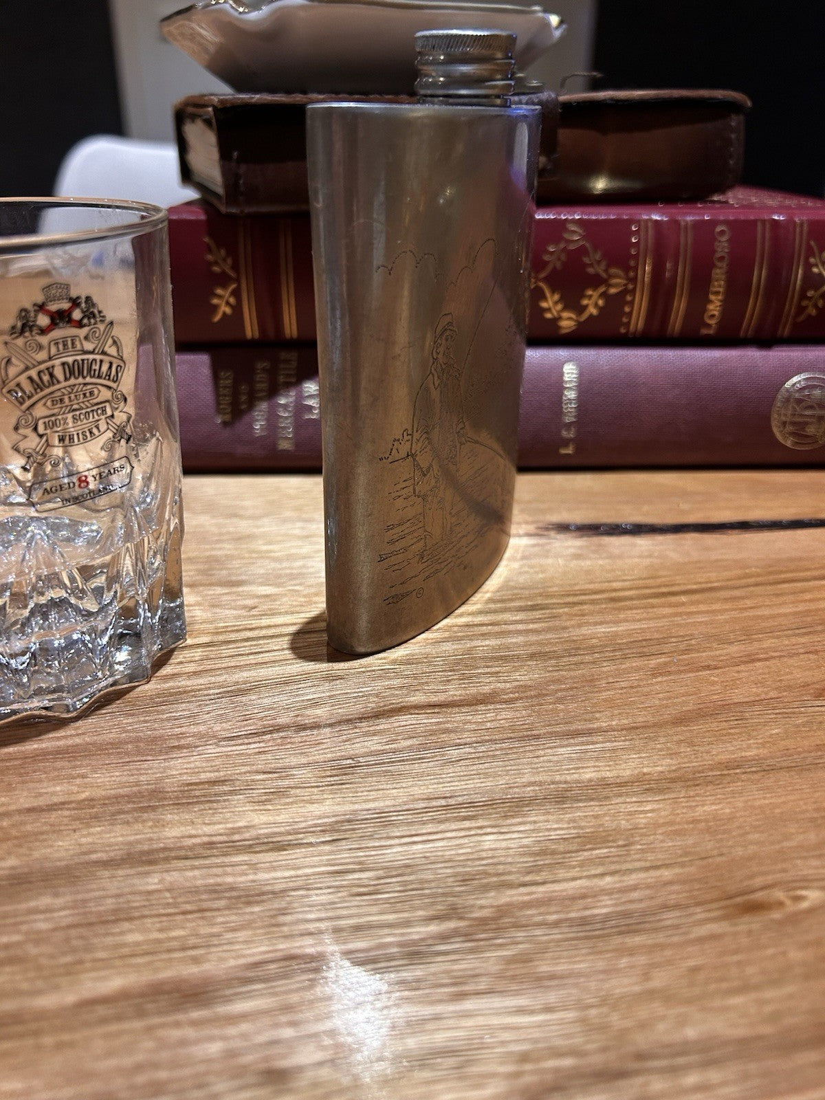  Comoy’s English Pewter 6oz Hip Flask Fishing Scene Sheffield England