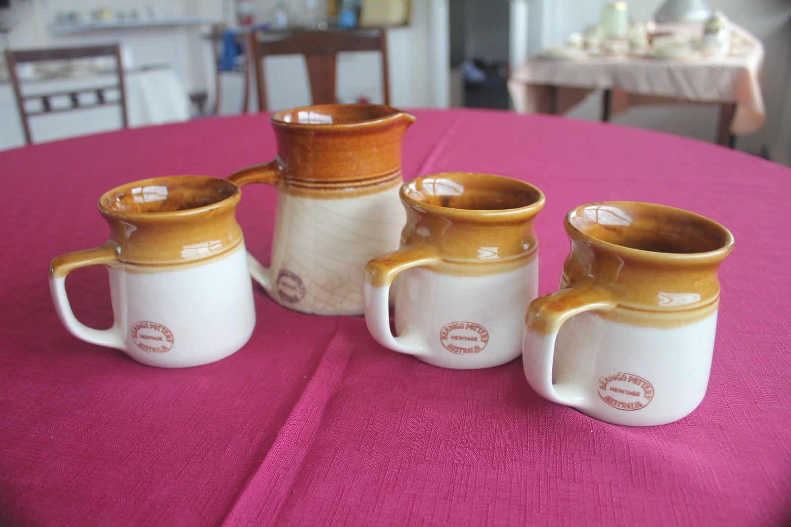 Bendigo Pottery Heritage Stoneware Jug & 3 Mugs – Honey Caramel Glaze
