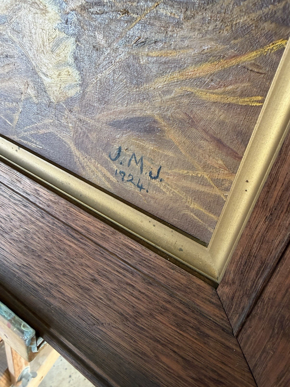 Large Original 1924 Oil Painting Lions – Signed J.M.J. – Period Frame