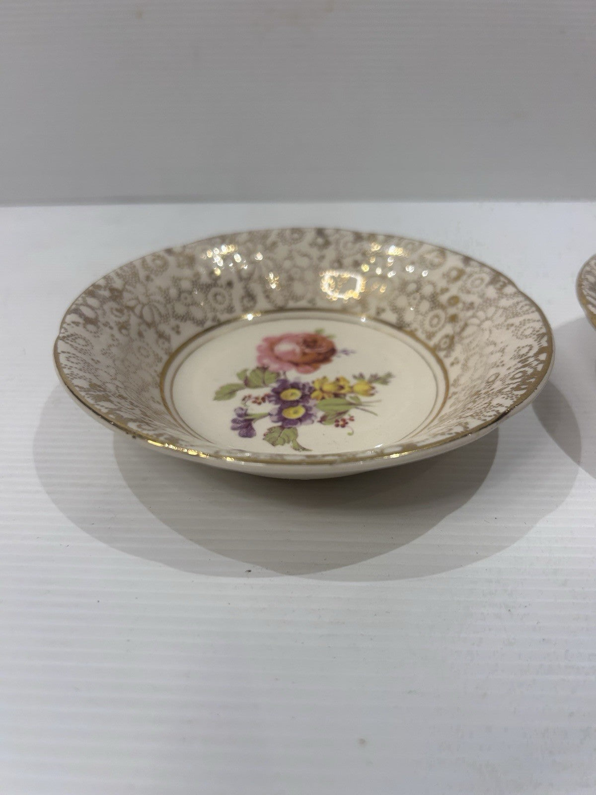 H&K Tunstall Floral Gold Lace Bowls x2 England Vintage Bone China