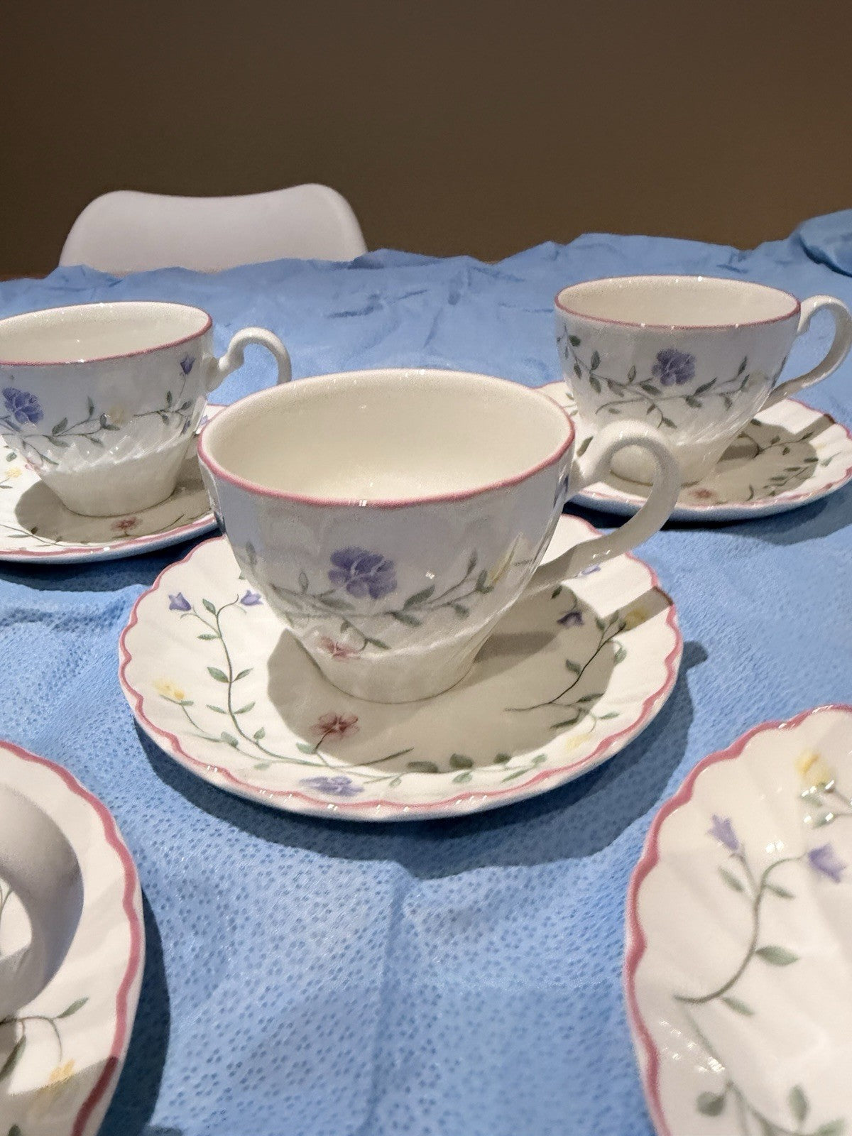 Johnson Brothers Tea Cups Saucers Set 5 Floral Pink Trim England Vintage