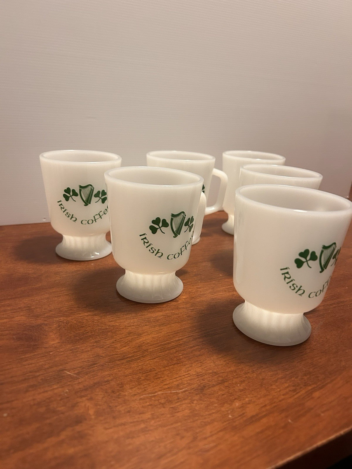 6x Anchor Hocking Fire King Irish Coffee Milk Glass Mugs USA