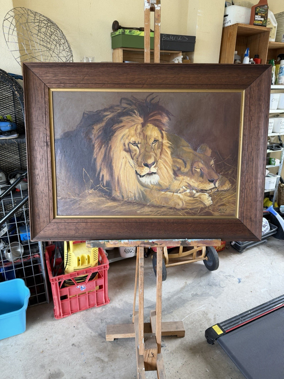 Large Original 1924 Oil Painting Lions – Signed J.M.J. – Period Frame