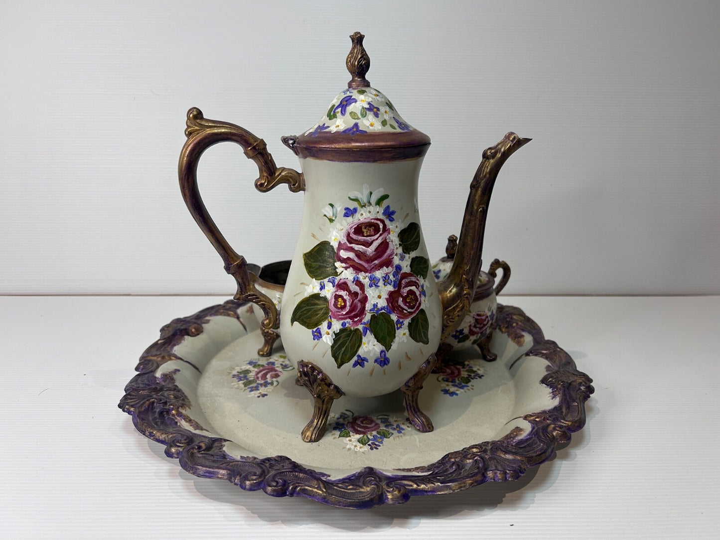 Antique Silver Plated Tea Set Refurbished Hand Painted by Beverley Shearer 2007