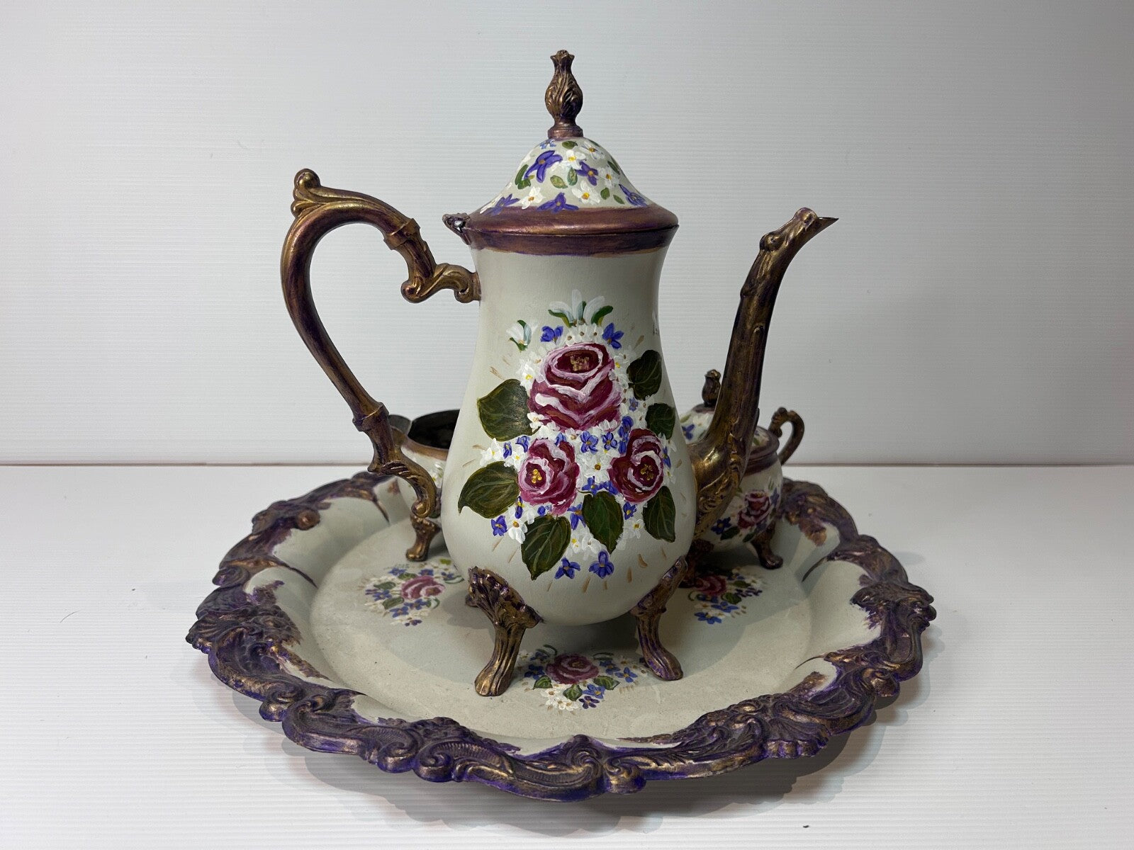 Antique Silver Plated Tea Set Refurbished Hand Painted by Beverley Shearer 2007