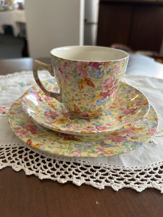 Wade Heath England Chintz Butterfly Floral Trio Cup Saucer Plate Vintage