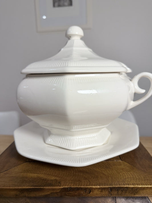 Vintage White Porcelain Soup Tureen Lid & Underplate Classic Serving Dish