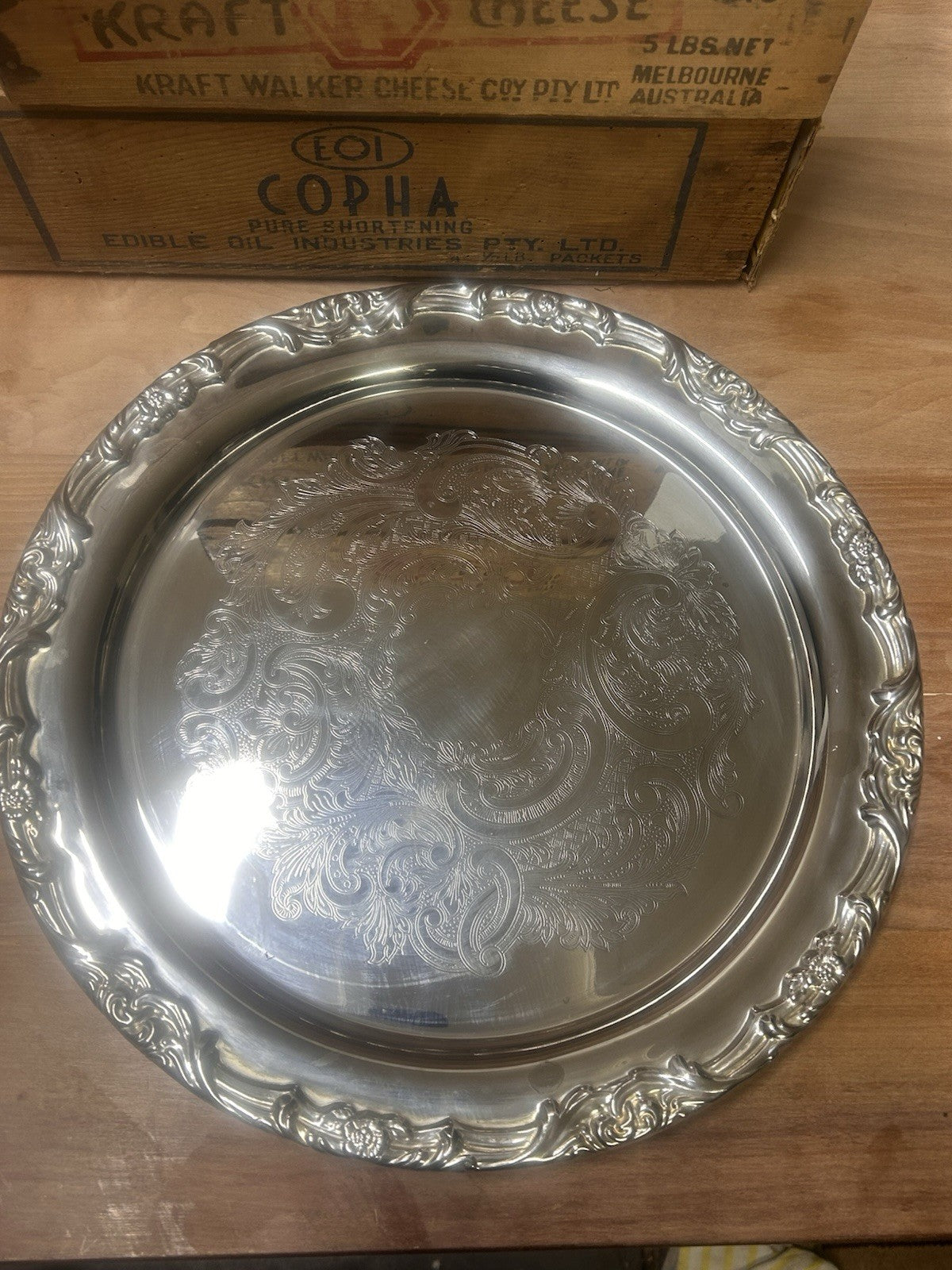 Vintage Stokes Silver-Plated Ornate Tray 35cm Rococo Scroll Design Australia