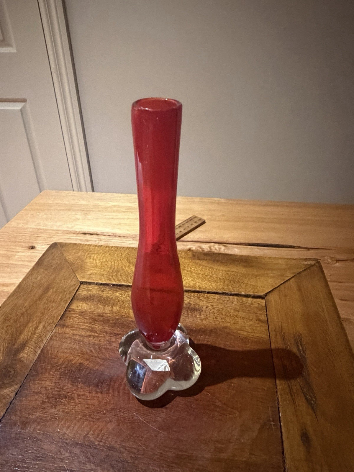 Vintage Red Art Glass Bud Vase Clear Sculptured Base 17cm Scandinavian Style