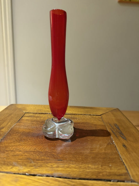 Vintage Red Art Glass Bud Vase Clear Sculptured Base 17cm Scandinavian Style