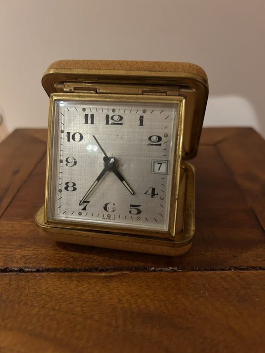 Vintage Europa German Travel Alarm Clock Folding Case Working Date