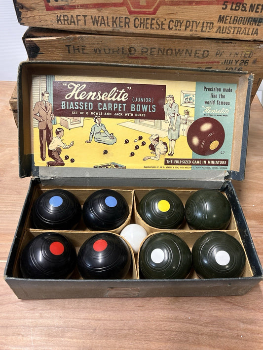 Vintage Henselite Junior Biassed Carpet Bowls Set in Box Melbourne Australia