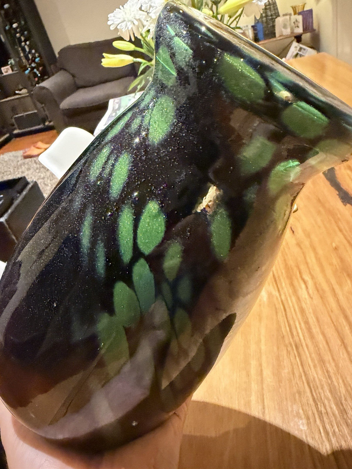 Large Black Green Aventurine Art Glass Vase Ruffled Rim 35cm Murano Style