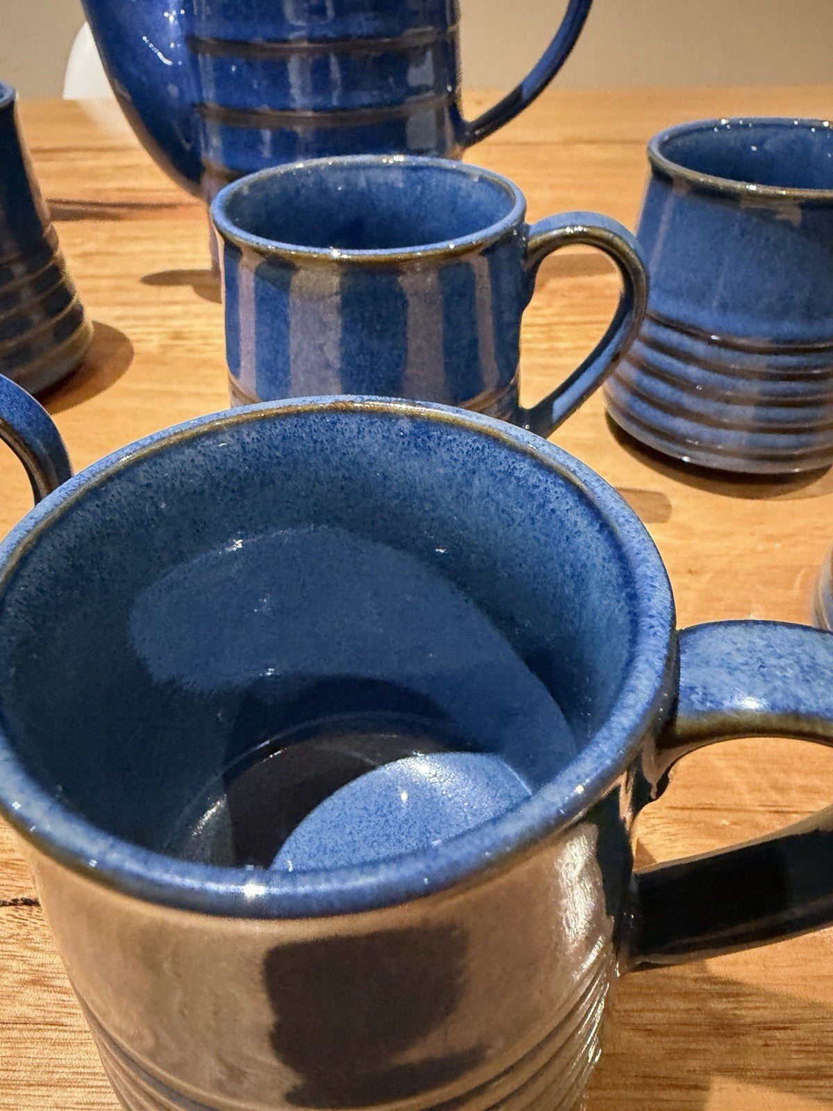 Mid Century Japanese Blue Pottery Coffee Set Teapot Mugs Creamer 1960s 7pc