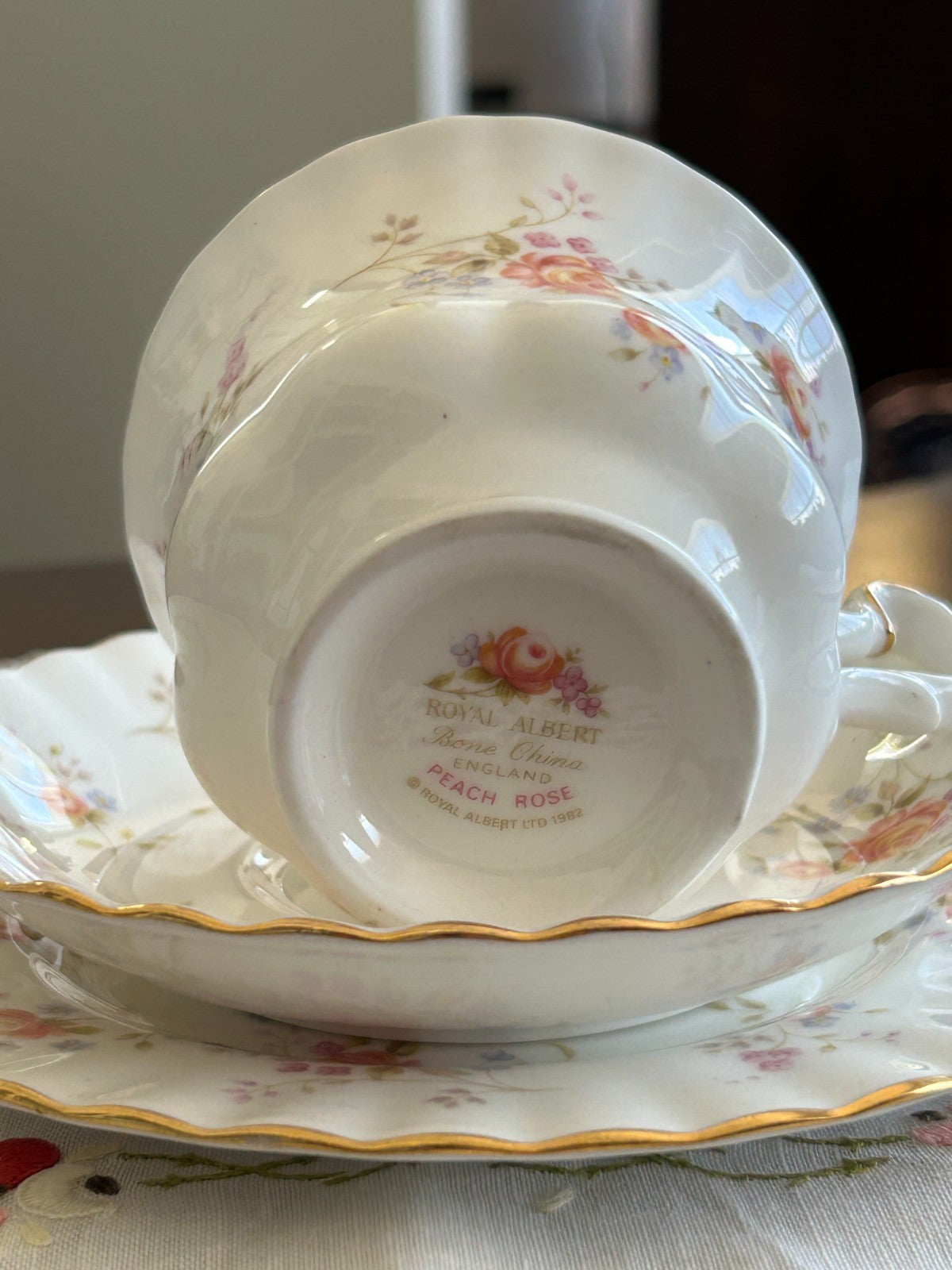 Royal Albert Peach Rose Trio Bone China England 1982 Cup Saucer Plate