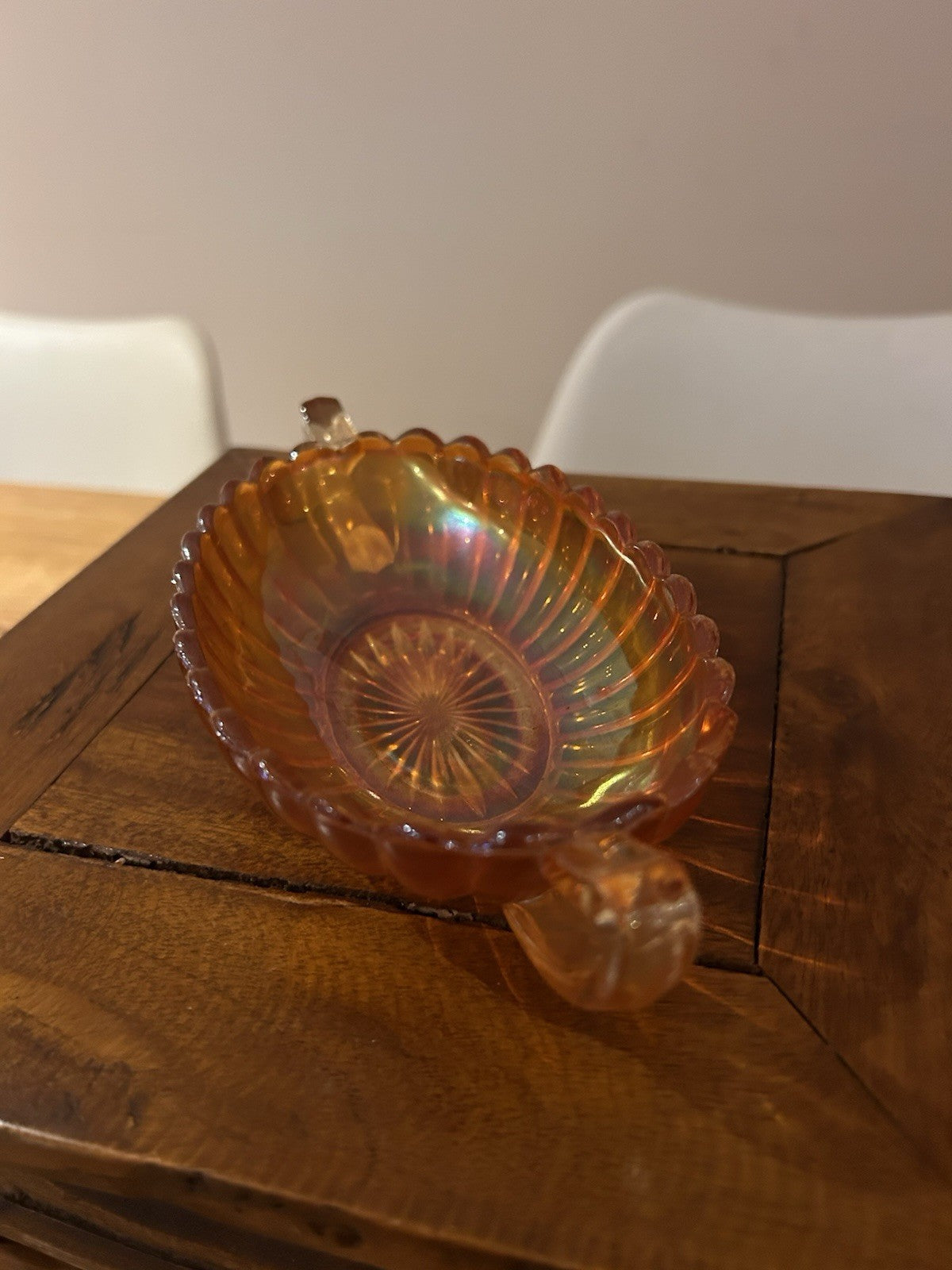 Vintage Amber Carnival Glass Serving Dish Handles Scalloped Bowl 30cm
