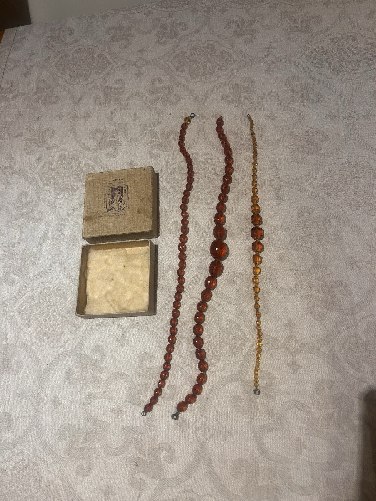 Vintage Amber Glass Necklace Set x3 w Merle’s Melbourne Jewellery Box c1950