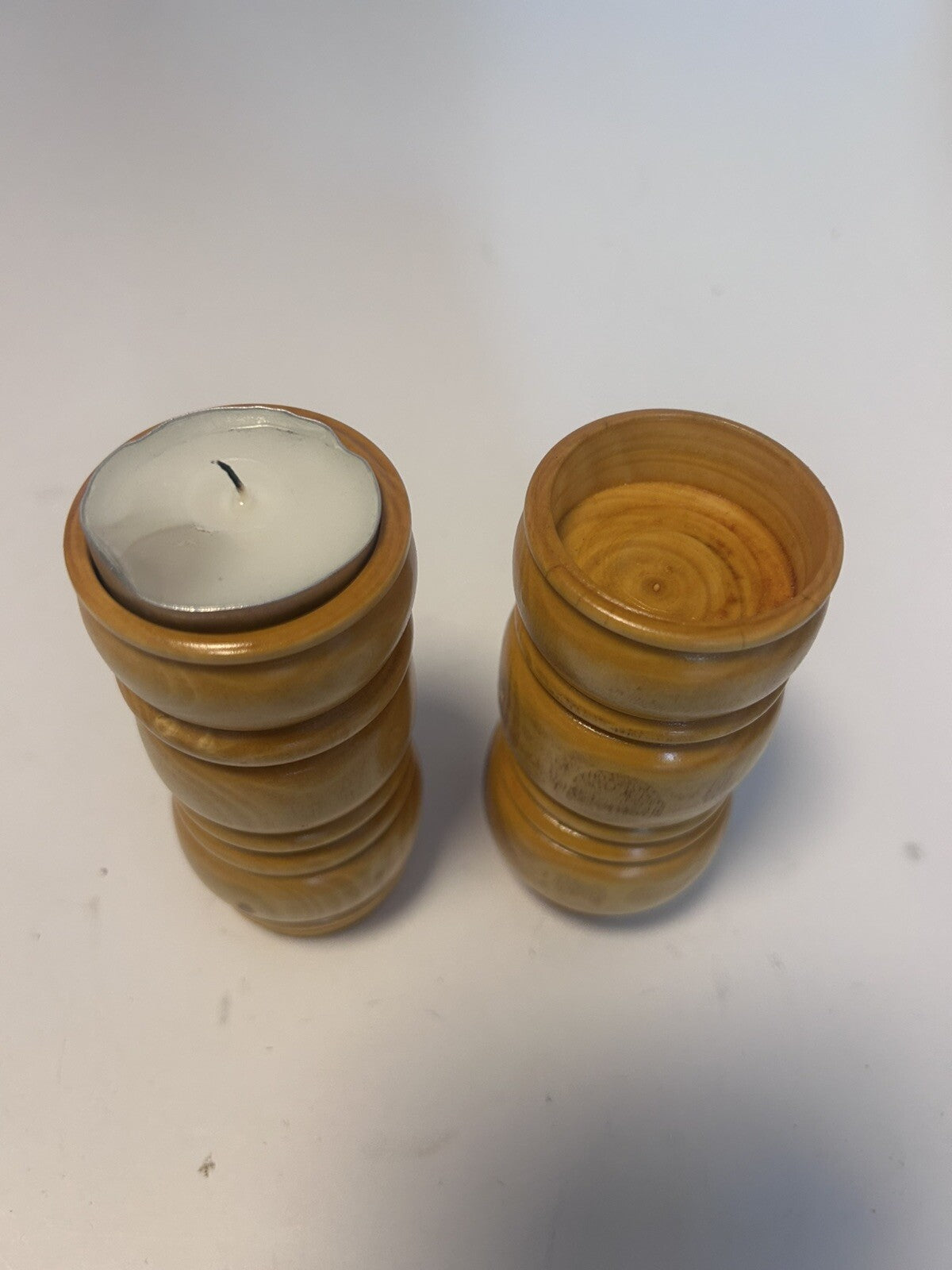 Vintage Hand-Turned Wooden Tealight Candle Holders – Pair Rustic Timber