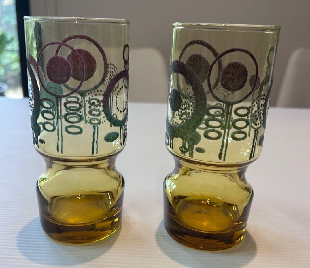 Vintage Amber Art Glasses – Mid-Century Modern – Kaaru Style – Set of 2