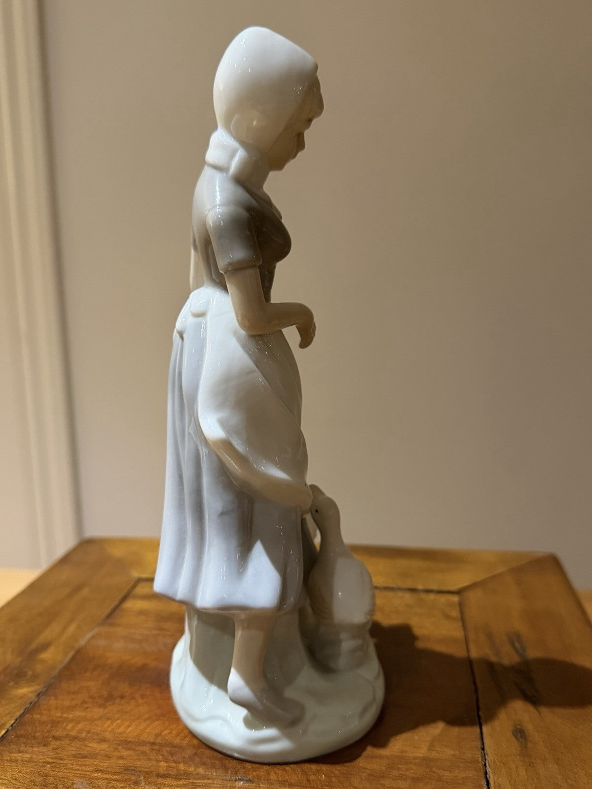 Vintage Porcelain Dutch Girl Feeding Geese Figurine White Blue 20cm