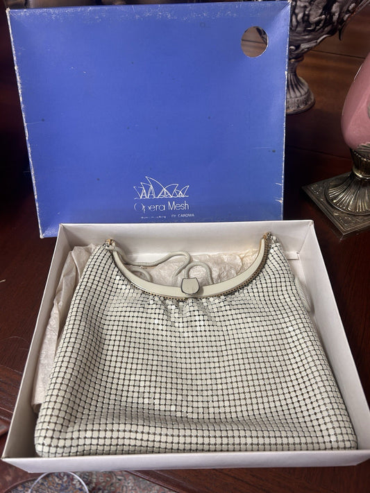Vintage Opera Mesh by Caroma Evening Bag Cream Metal Mesh Boxed c.1960s
