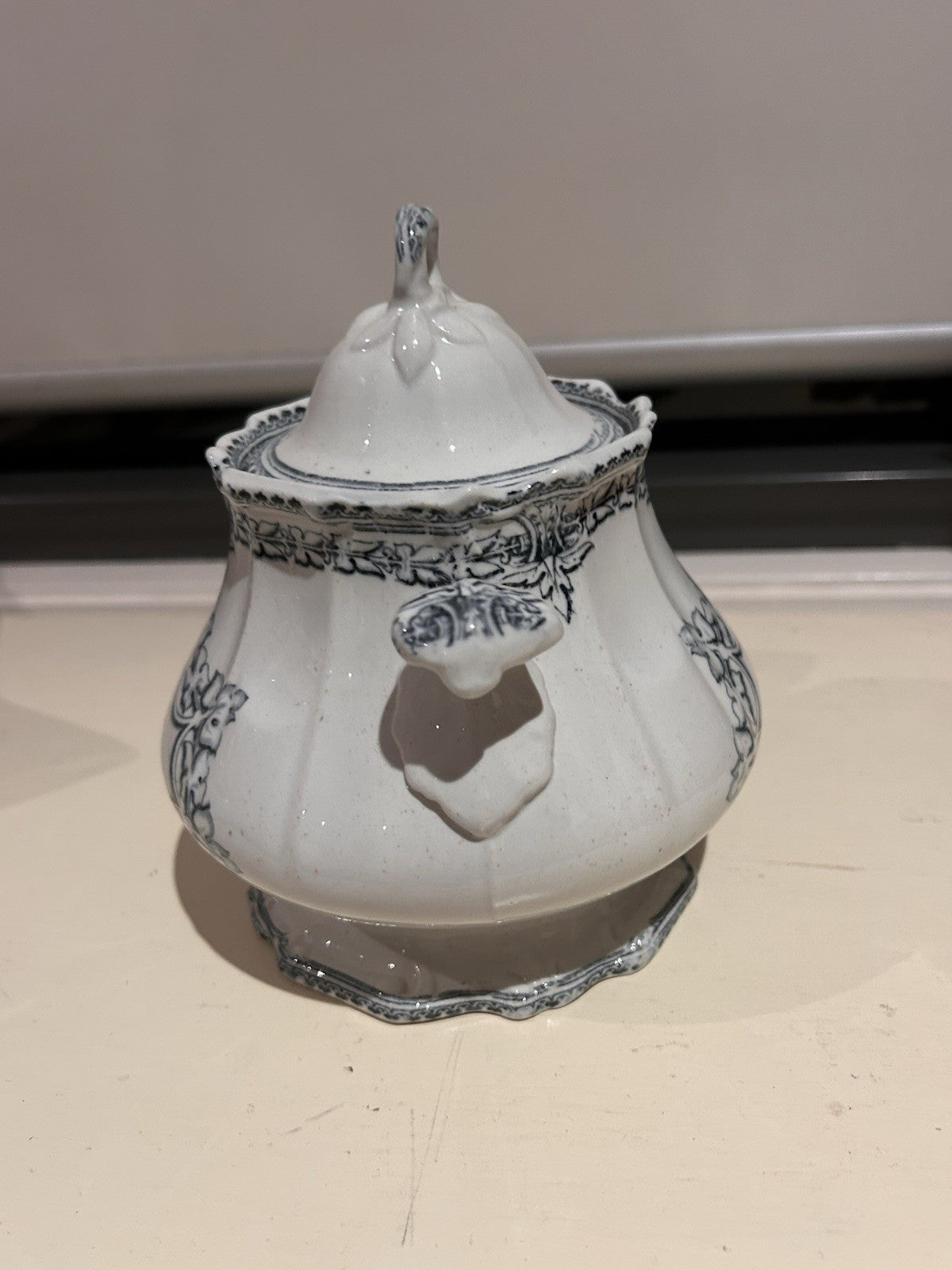 Antique French Blue & White Faience Sugar Bowl w Lid c1900 Ironstone 