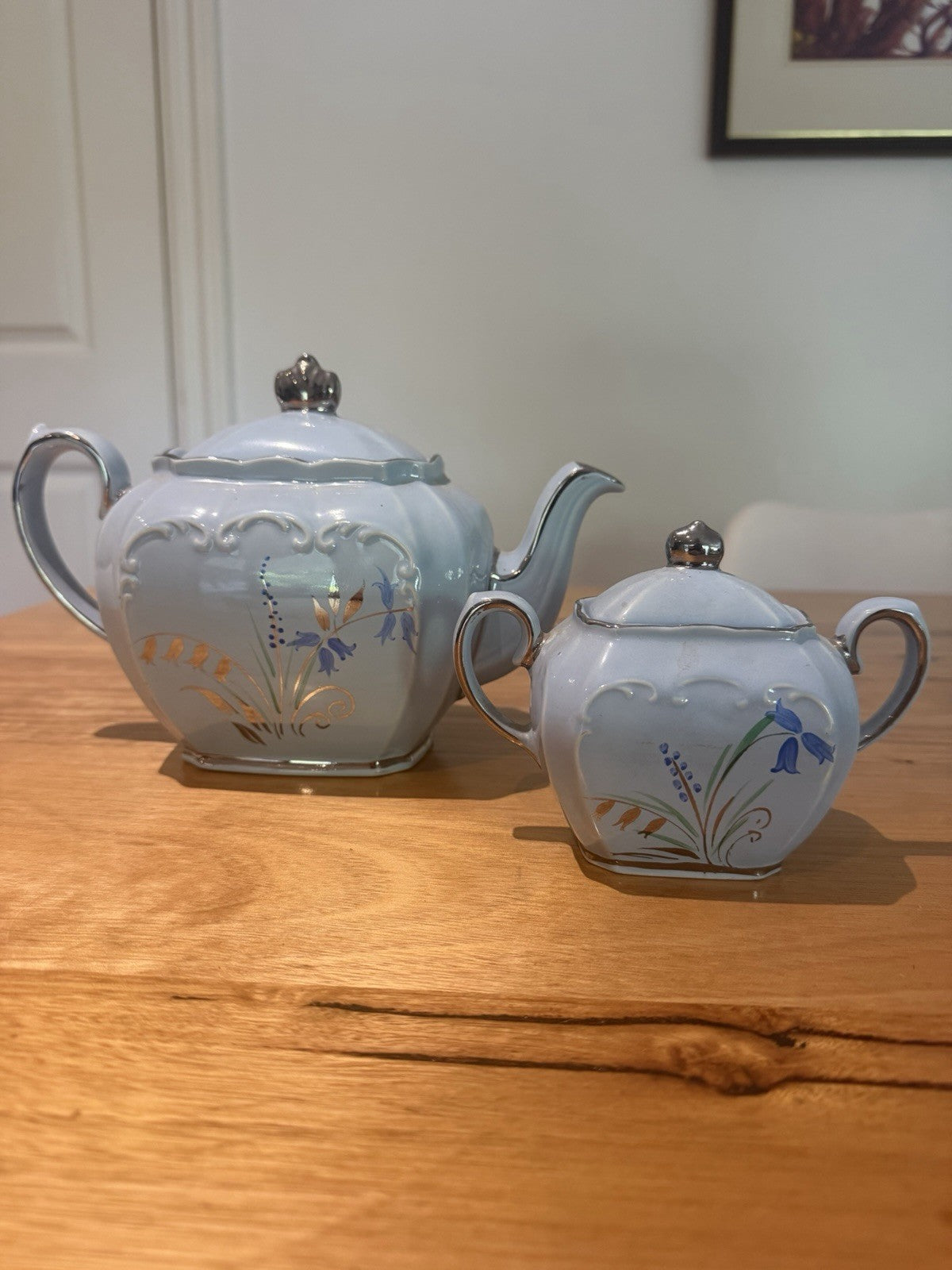 Vintage Sadler 2058 Bluebell Teapot Sugar Bowl Set Silver Trim England