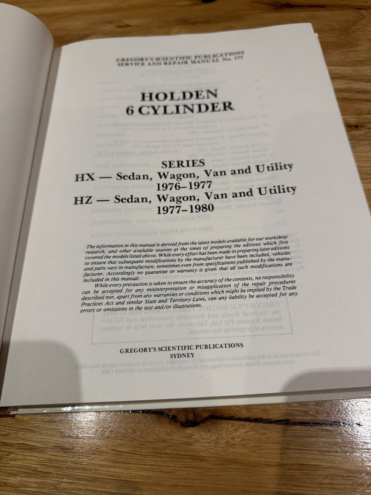 Gregory’s Holden HX HZ 6 Cyl Service Repair Manual No 177 1976-1980 Vintage