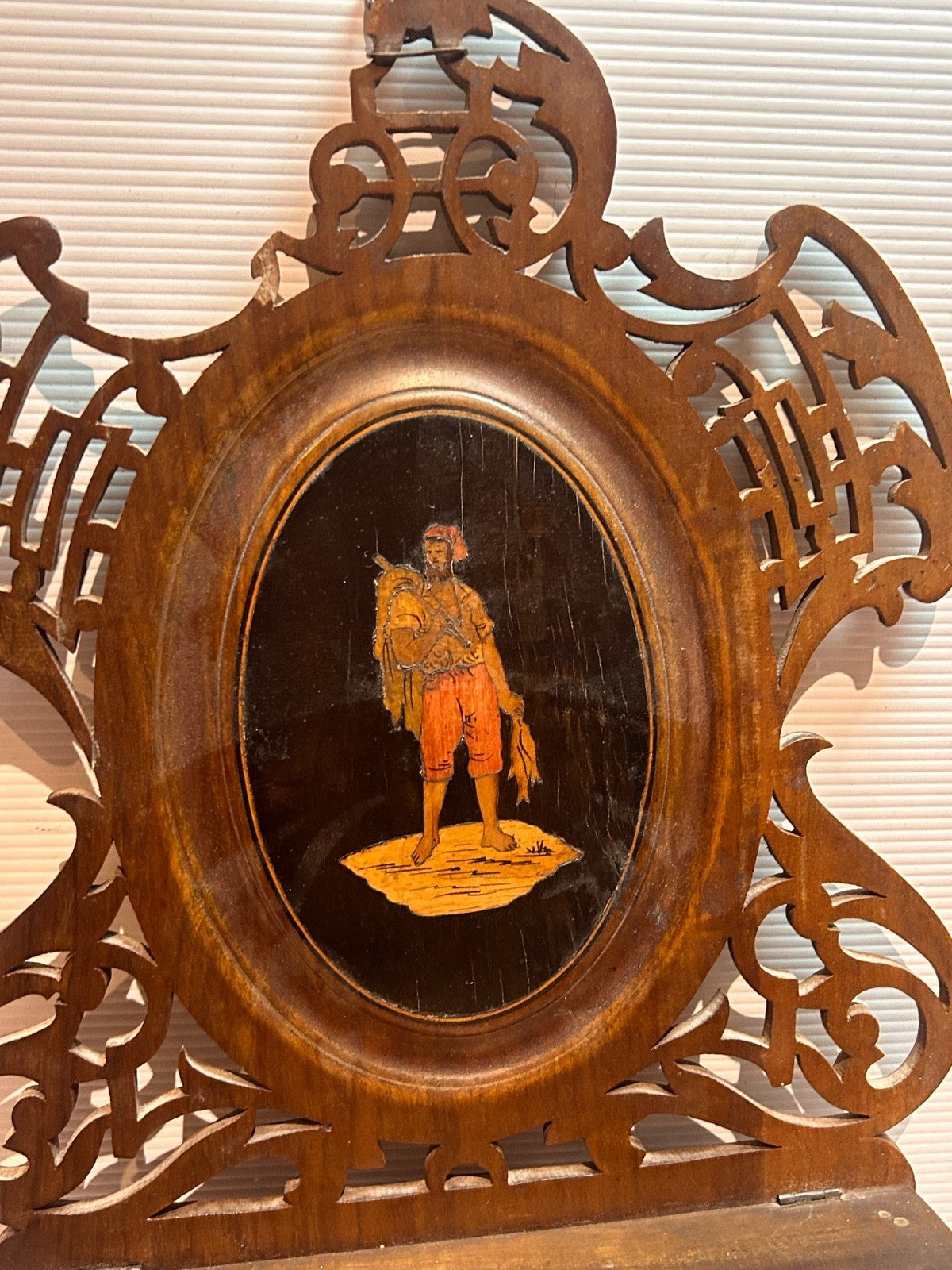 Antique Victorian Fretwork Wall Shelf with Painted Figure c.1890s