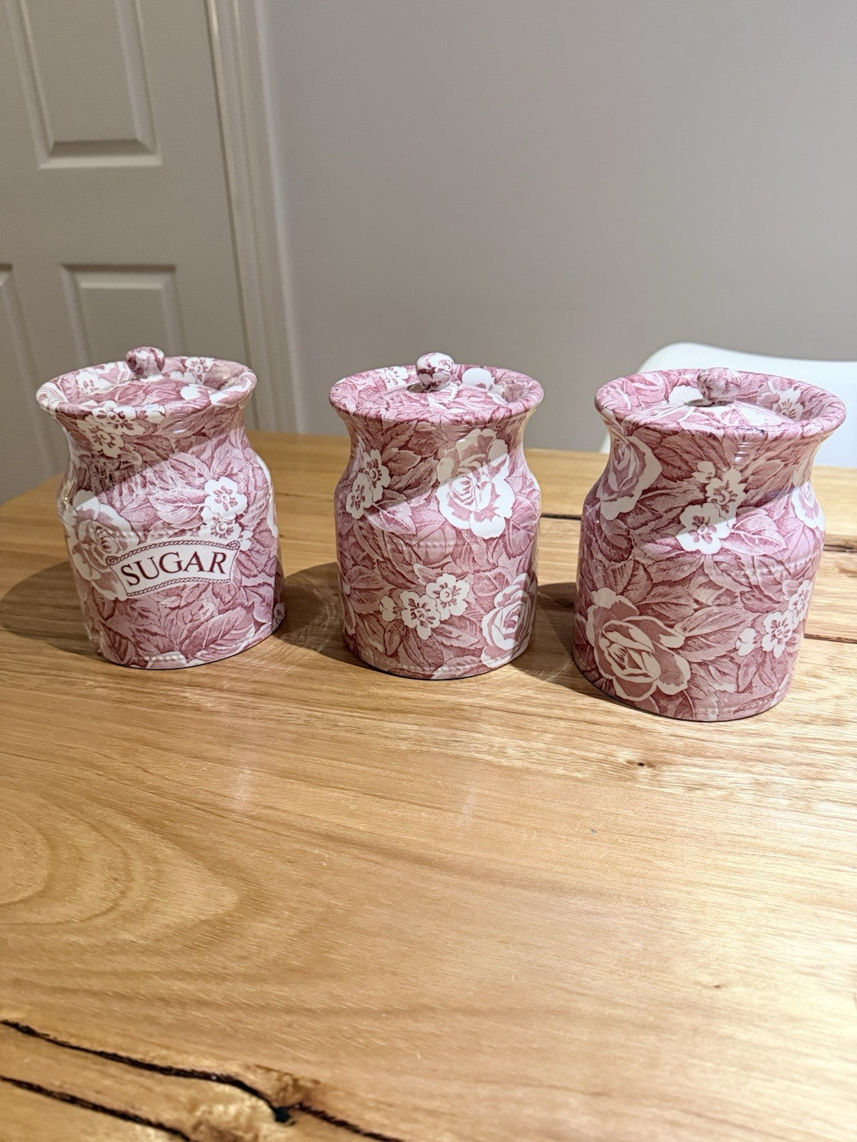 Vintage Burleigh Victoria China Tea Coffee Sugar Canisters Red Floral Set