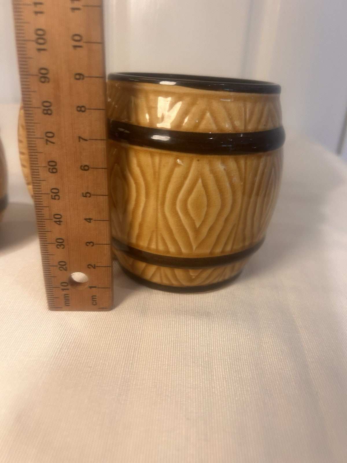 Vintage BARREL Mugs Pair – Japan Woodgrain Beer/Coffee Cups – 8cm & 9cm