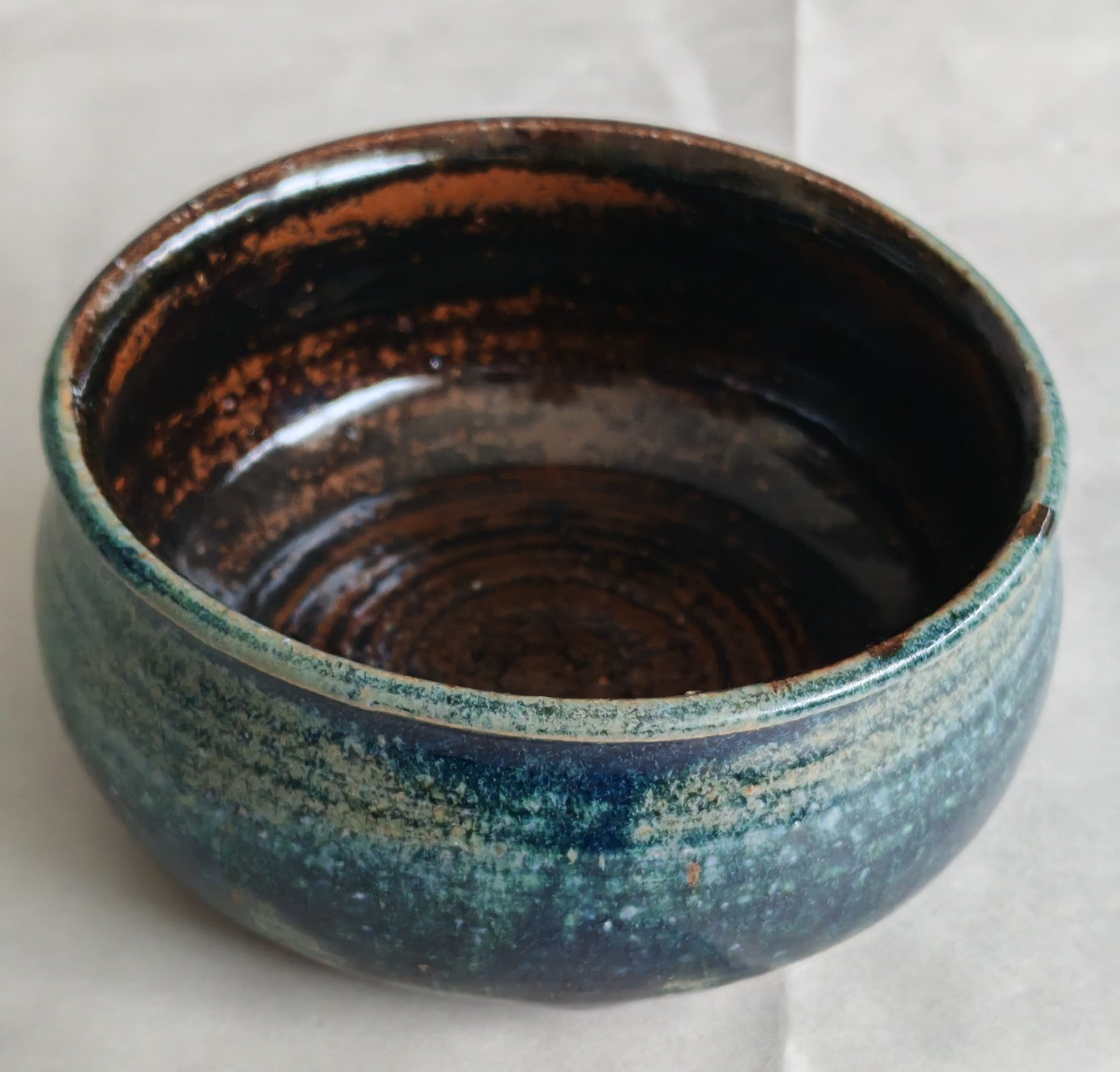 Vintage Studio Pottery Bowl – Blue Green Crystalline Glaze – Signed Base