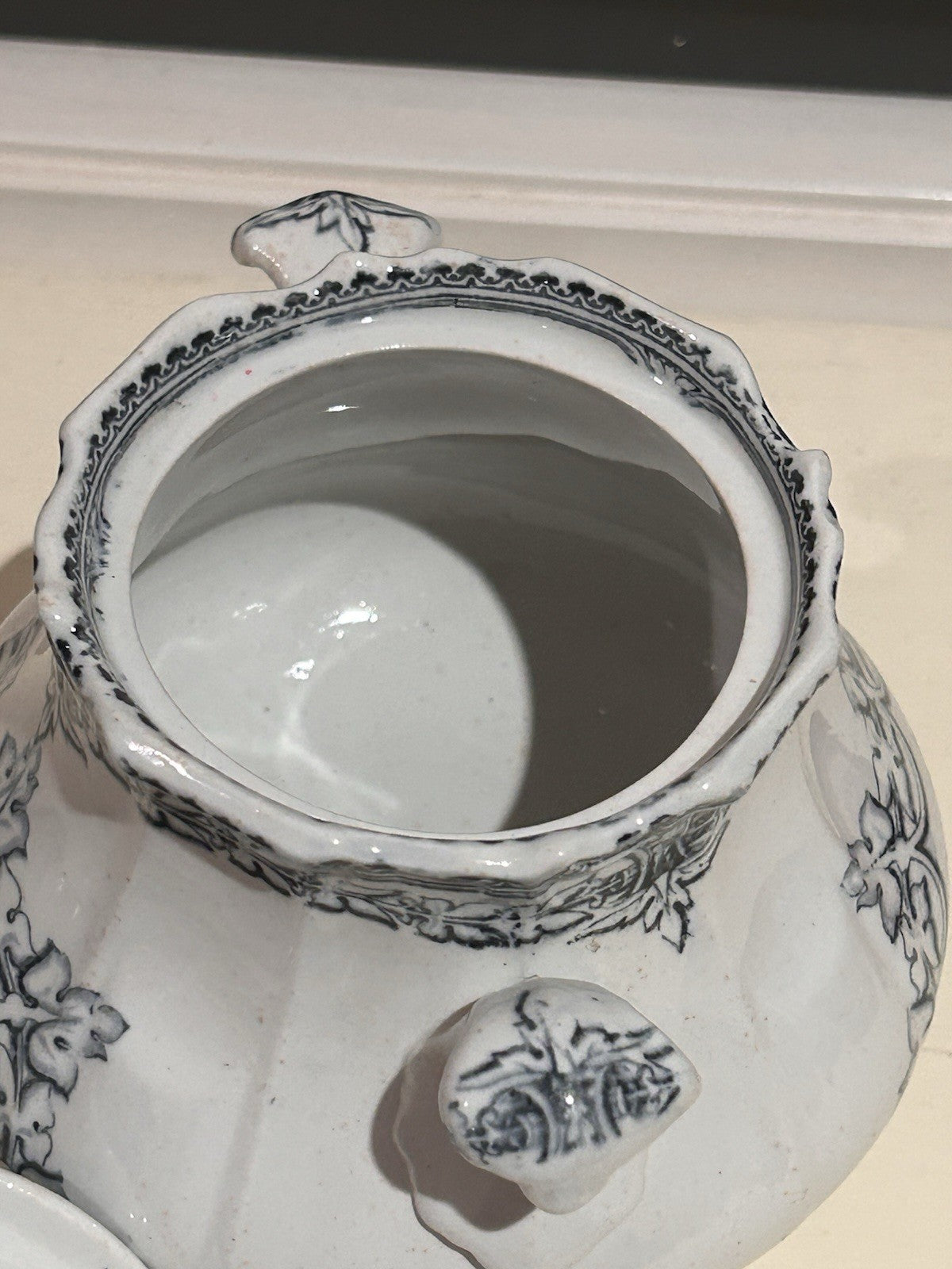 Antique French Blue & White Faience Sugar Bowl w Lid c1900 Ironstone 