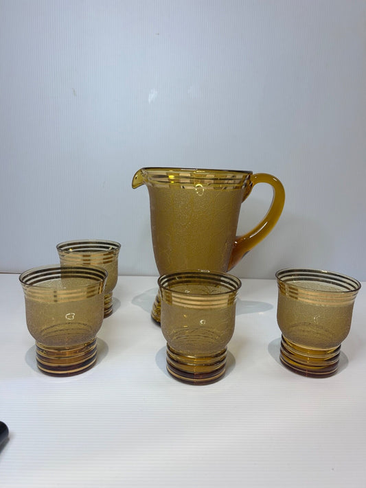 Vintage Amber Glass Lemonade Set – Textured Gold Bands – Jug & 5 Tumblers Retro
